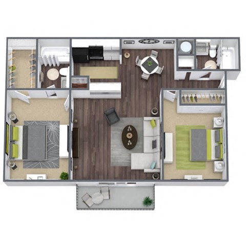 2-Bedroom, 2-Bathroom Floor Plan, 919 SQFT.
